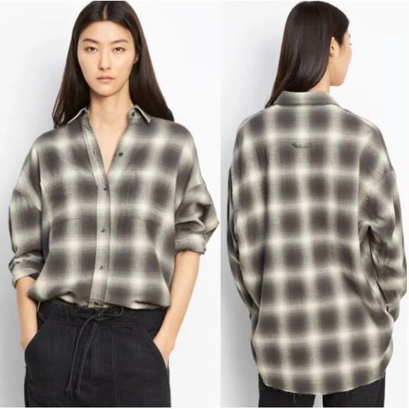 Vince Raw Hem Wool Plaid Button Down Oversized Boyfriend Tunic Shirt - Picture 1 of 12